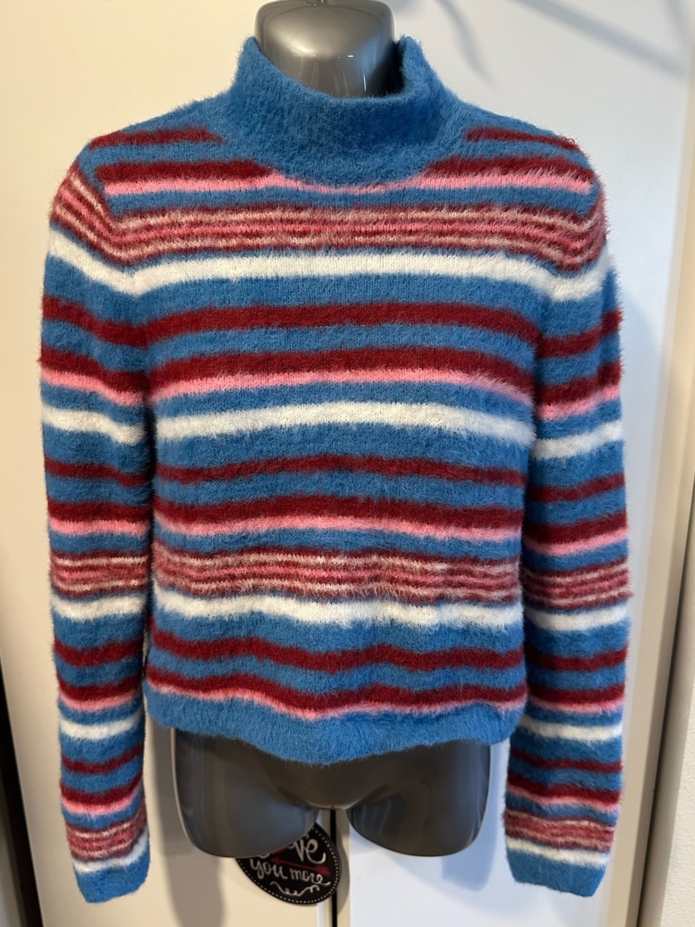 Striped Blue, White & Red Fuzzy Turtleneck Medium Sweater Stitch & Pine